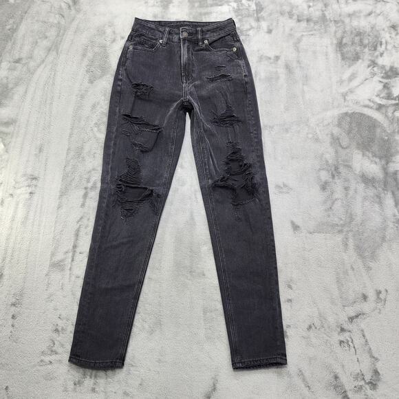 American Eagle Jeans Womens 000 Black High Rise Mom Distressed Tapered Stretch - Picture 1 of 14